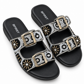 Beaded Double Buckle Flat Sandals for Women