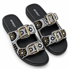 Beaded Double Buckle Flat Sandals for Women