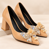 Elegant Crystal Bow Embellished Block Heel Pumps
