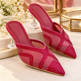 BFIRST Crystal Mesh Pointed-Toe Mule Heels