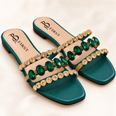 Emerald Green Jeweled Square-Toe Flat Sandals