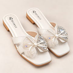 Luxury Rhinestone Floral Bow Flat Sandals for Women
