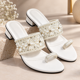 BFIRST Pearl Blossom Floral Embellished Block Heel Sandals
