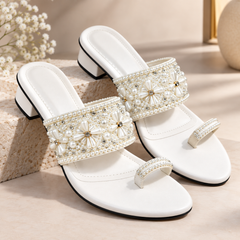 BFIRST Pearl Blossom Floral Embellished Block Heel Sandals