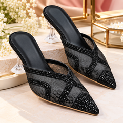 BFIRST Crystal Mesh Pointed-Toe Mule Heels