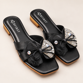 Luxury Rhinestone Floral Bow Flat Sandals for Women