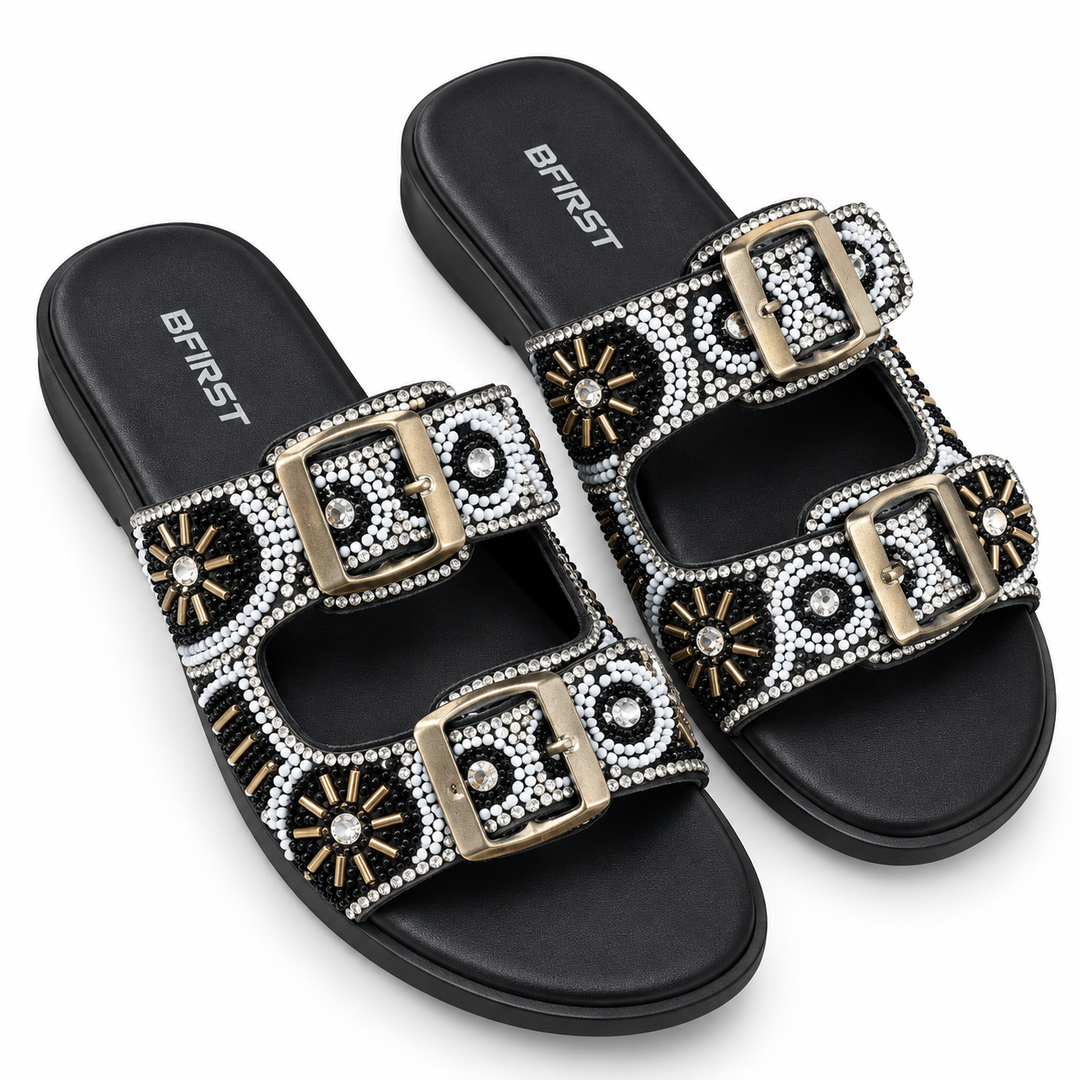 Beaded Double Buckle Flat Sandals for Women
