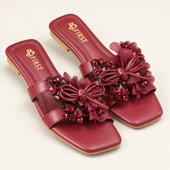 Crystal Embellished Floral Bow Mule Heels