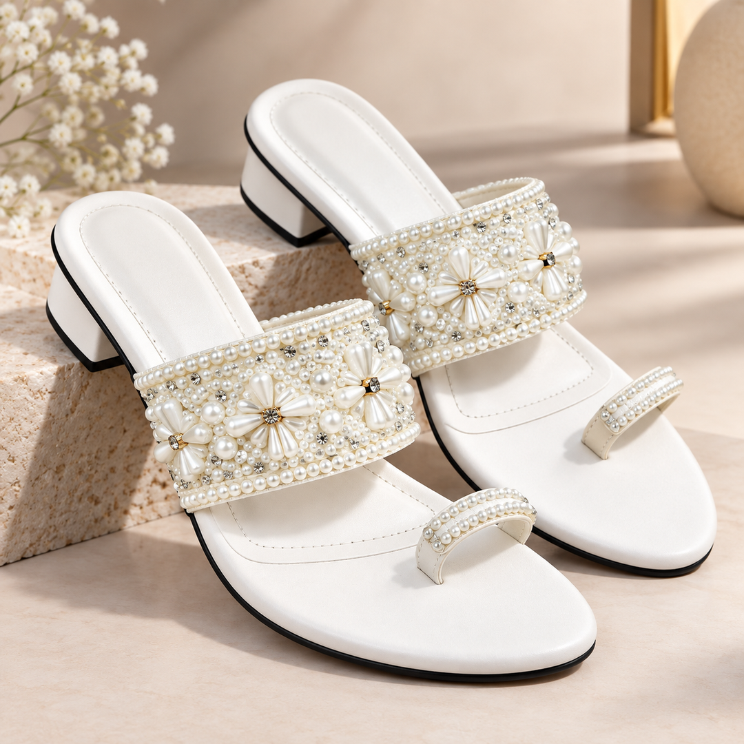 BFIRST Pearl Blossom Floral Embellished Block Heel Sandals