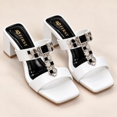 Black Stone Embellished Block Heel Sandals for Women