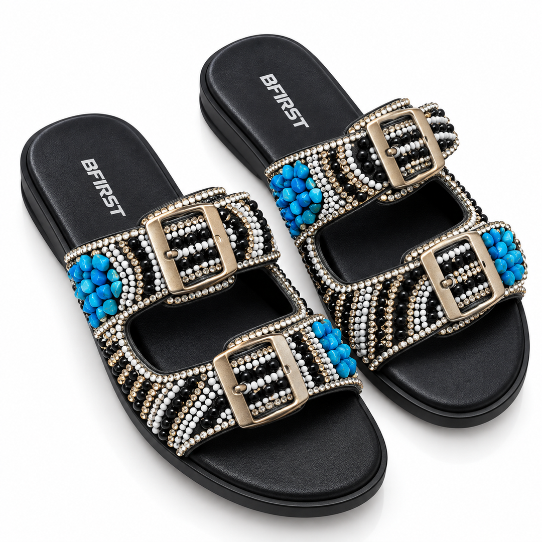 Beaded Double Buckle Flat Sandals for Women