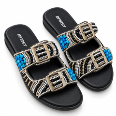 Beaded Double Buckle Flat Sandals for Women