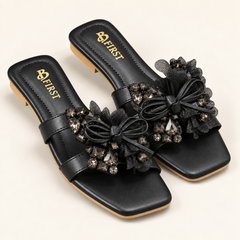 Crystal Embellished Floral Bow Mule Heels