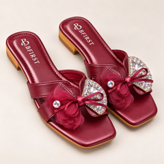 Luxury Rhinestone Floral Bow Flat Sandals for Women