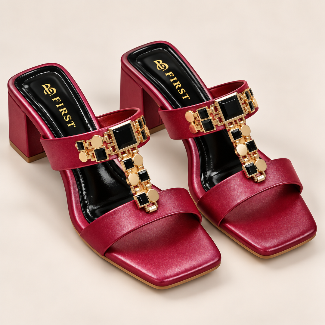 Black Stone Embellished Block Heel Sandals for Women