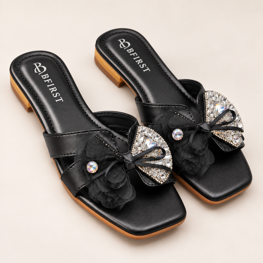 Luxury Rhinestone Floral Bow Flat Sandals for Women