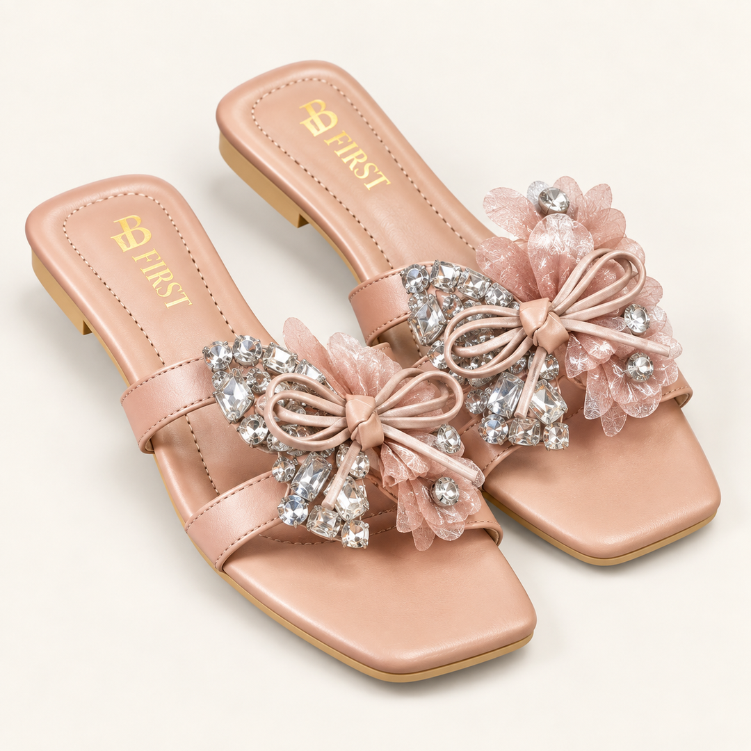 Crystal Embellished Floral Bow Mule Heels