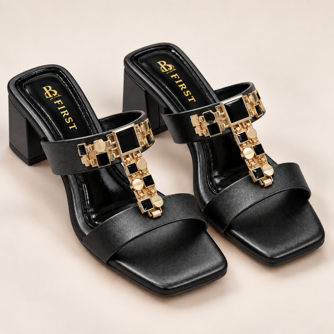 Black Stone Embellished Block Heel Sandals for Women