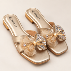 Luxury Rhinestone Floral Bow Flat Sandals for Women